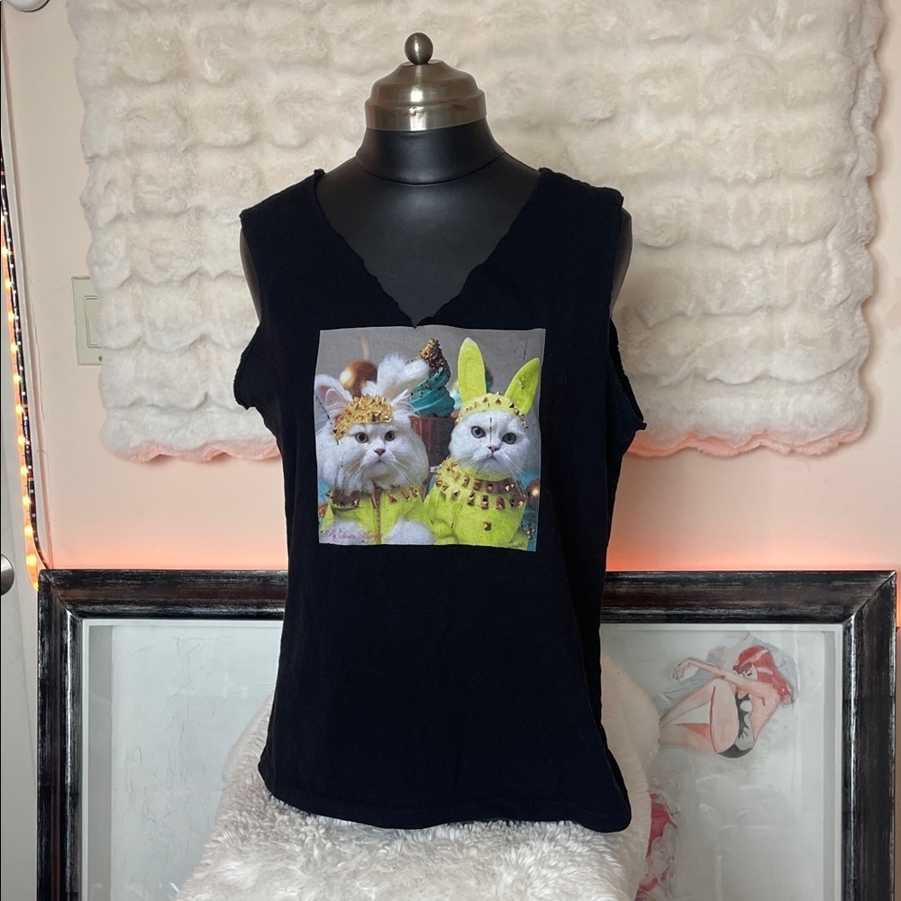 Black Sleeveless Top with Cat Print
